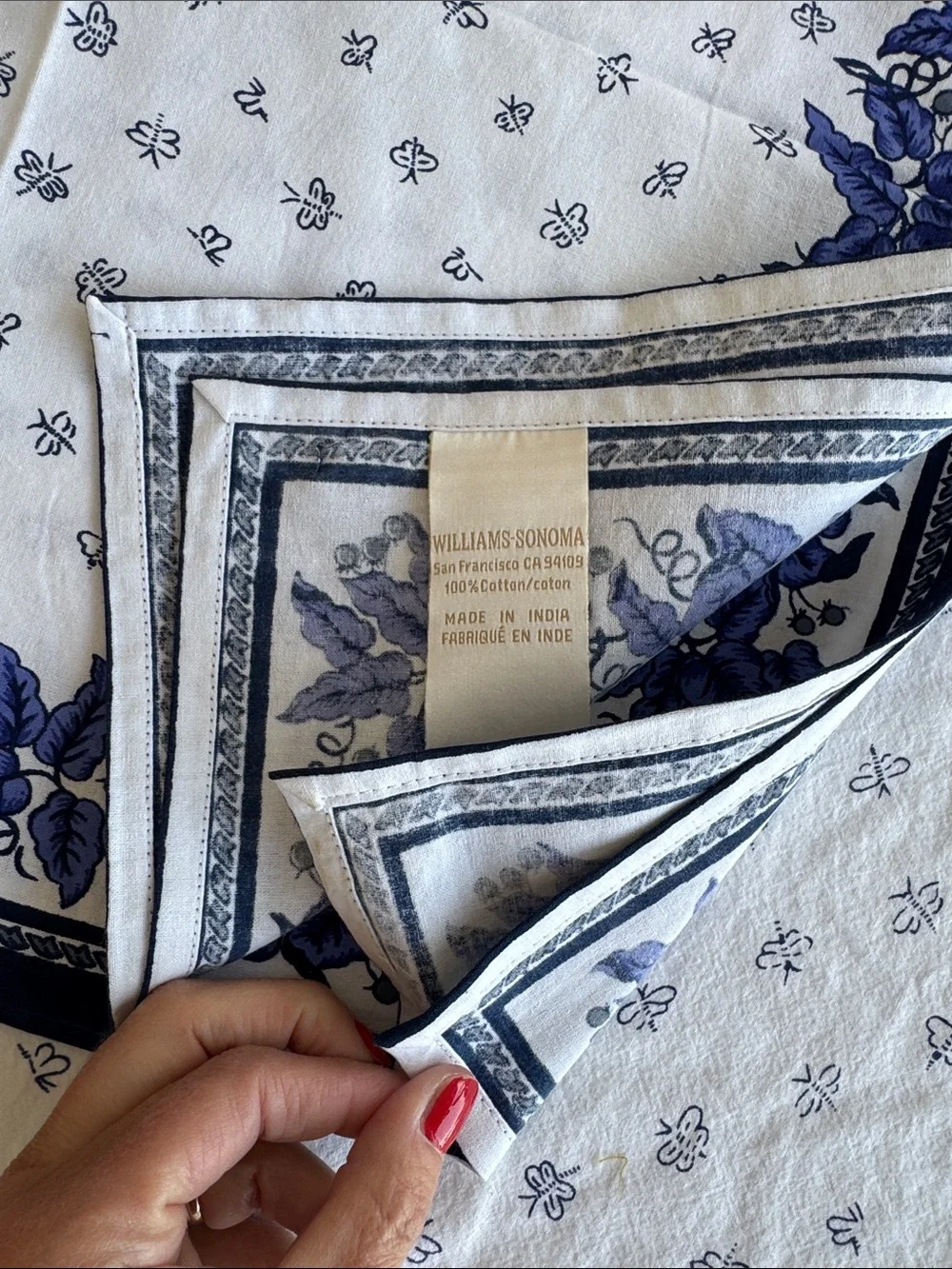 Williams Sonoma blue white French Provence floral block print tablecloth napkins